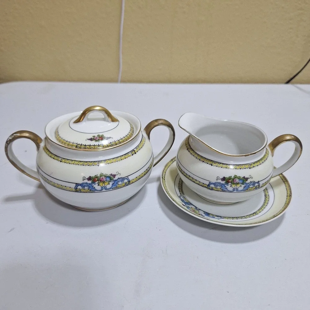 Antique Noritake Malvern Hand Painted Sugar Bowl Creamer Underplate Japan M Mark